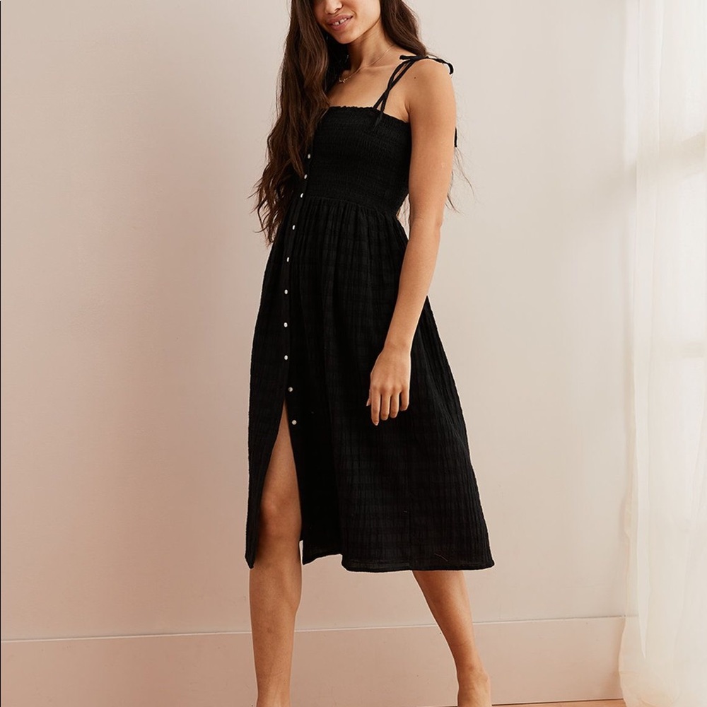 Aerie Midi Smocked Dress Black